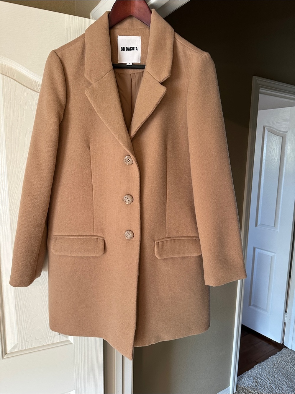 BB Dakota Camel Single-Breasted Wool-Look Pea Coat